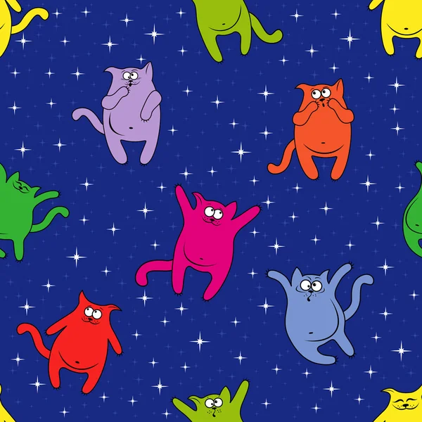 Patrón sin costuras con gatos divertidos en el cielo estrellado — Archivo Imágenes Vectoriales