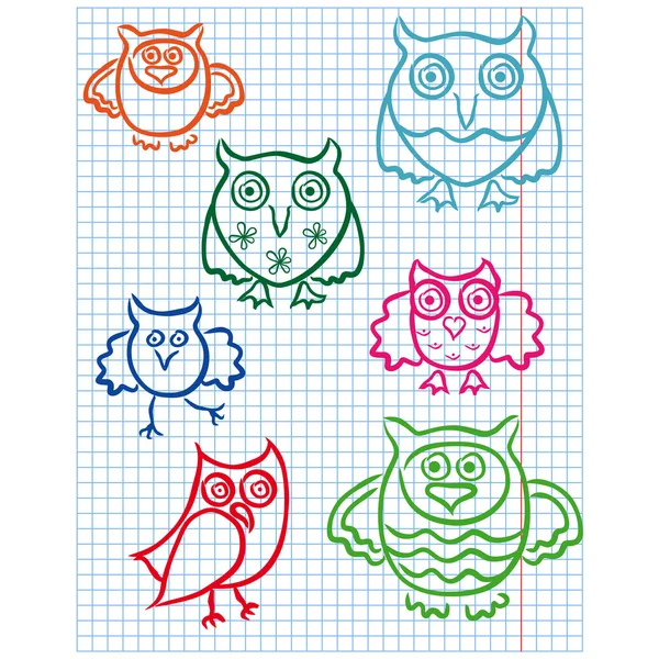 Cute seven owls on a checkered sheet — Stock Vector