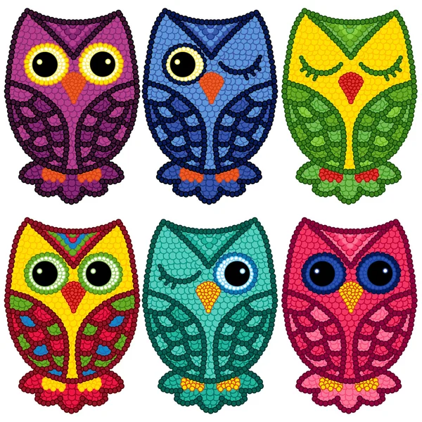 Set of six motley owls — Stock Vector