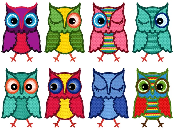 Set of eight amusing motley owls — Stock Vector