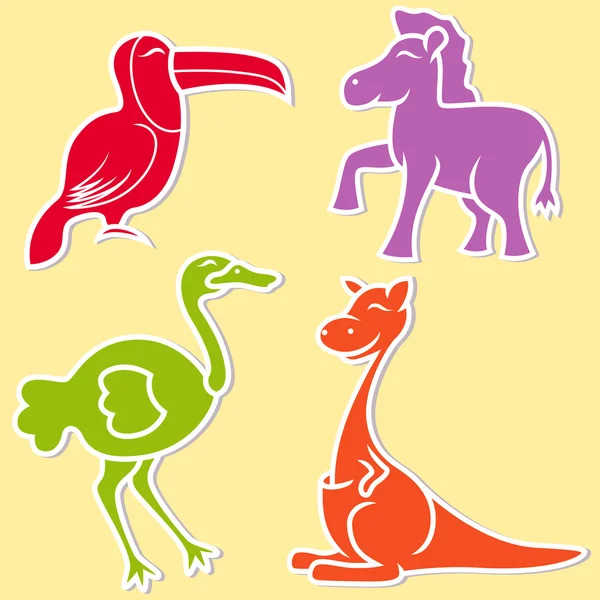 Toucan, pony, ostrich and kangaroo — Stock Vector