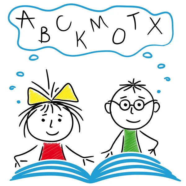 Niño y niña leyendo un libro juntos — Vector de stock
