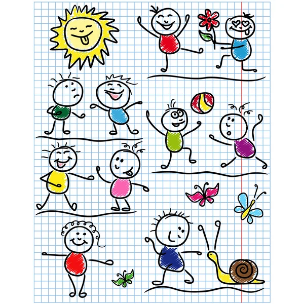 Amusing scenes with sun and kids figures — Stock Vector