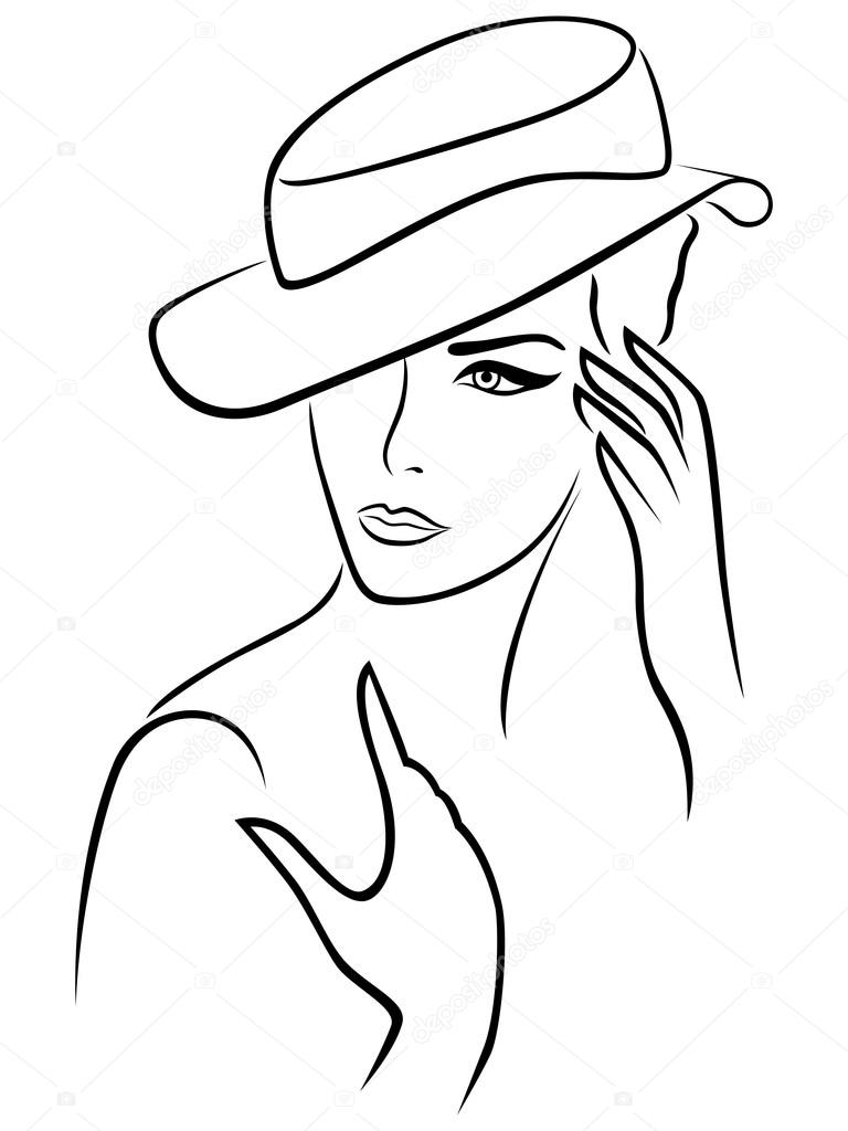 Woman In Hat Line Art Portrait And Outline Sketch 7048431 Vector Art at  Vecteezy