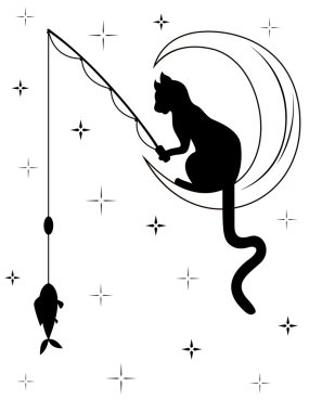 Kara kedi ayın üzerinde oturan ve bir balık yakalıyor