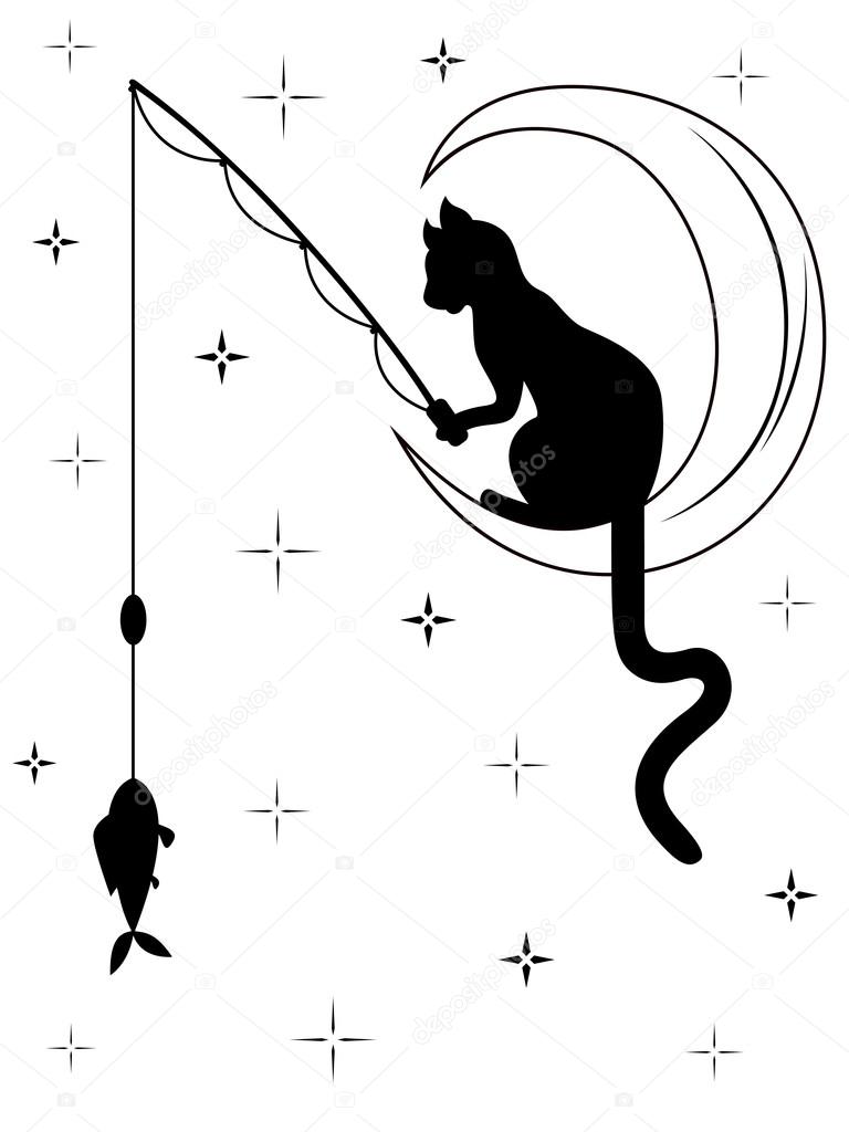 Black cat sitting on the moon and catches a fish