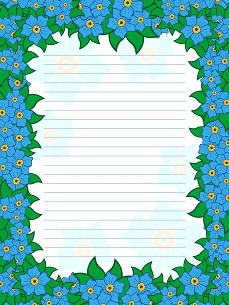 Sheet of notepad with floral frame in blue hues — Stock Vector