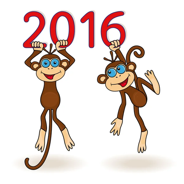 Two Monkeys hang on the digits of 2016 inscription — Stockový vektor