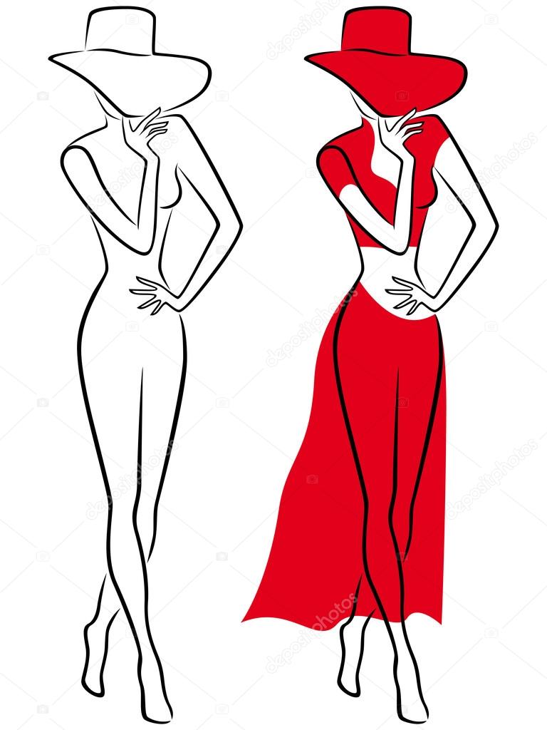 Lady in red hat and long dress