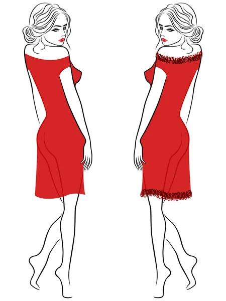 Dame en robe rouge translucide en deux versions — Image vectorielle