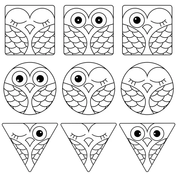 Negen grappige uil gezichten in geometrische vormen — Stockvector