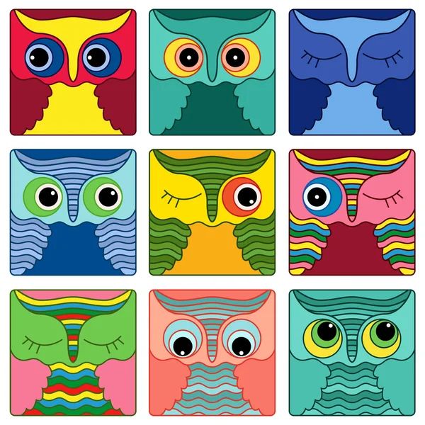 Nine amusing owl faces in square shapes — Stock Vector