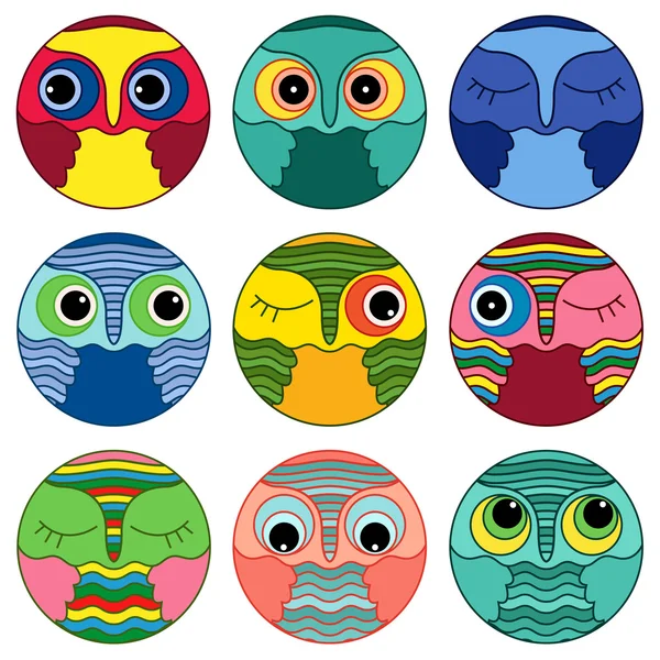 Nine amusing owl faces in a circle — Stock Vector