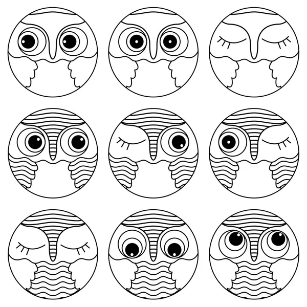 Negen contouren van owl gezichten in een cirkel — Stockvector