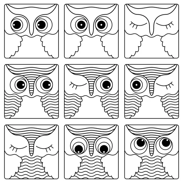 Dziewięć kontury twarzy sowa w kwadratowe kształty — Wektor stockowy