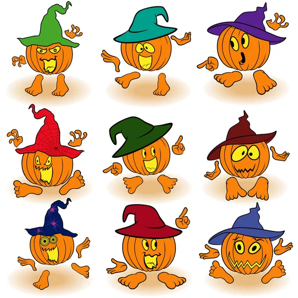 Gesticuler des citrouilles drôles dans des chapeaux — Image vectorielle