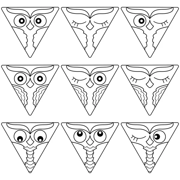Negen uil gezichten in een driehoek vormen — Stockvector