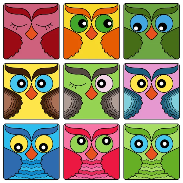 Nine cute owl faces in square shapes — Stock Vector