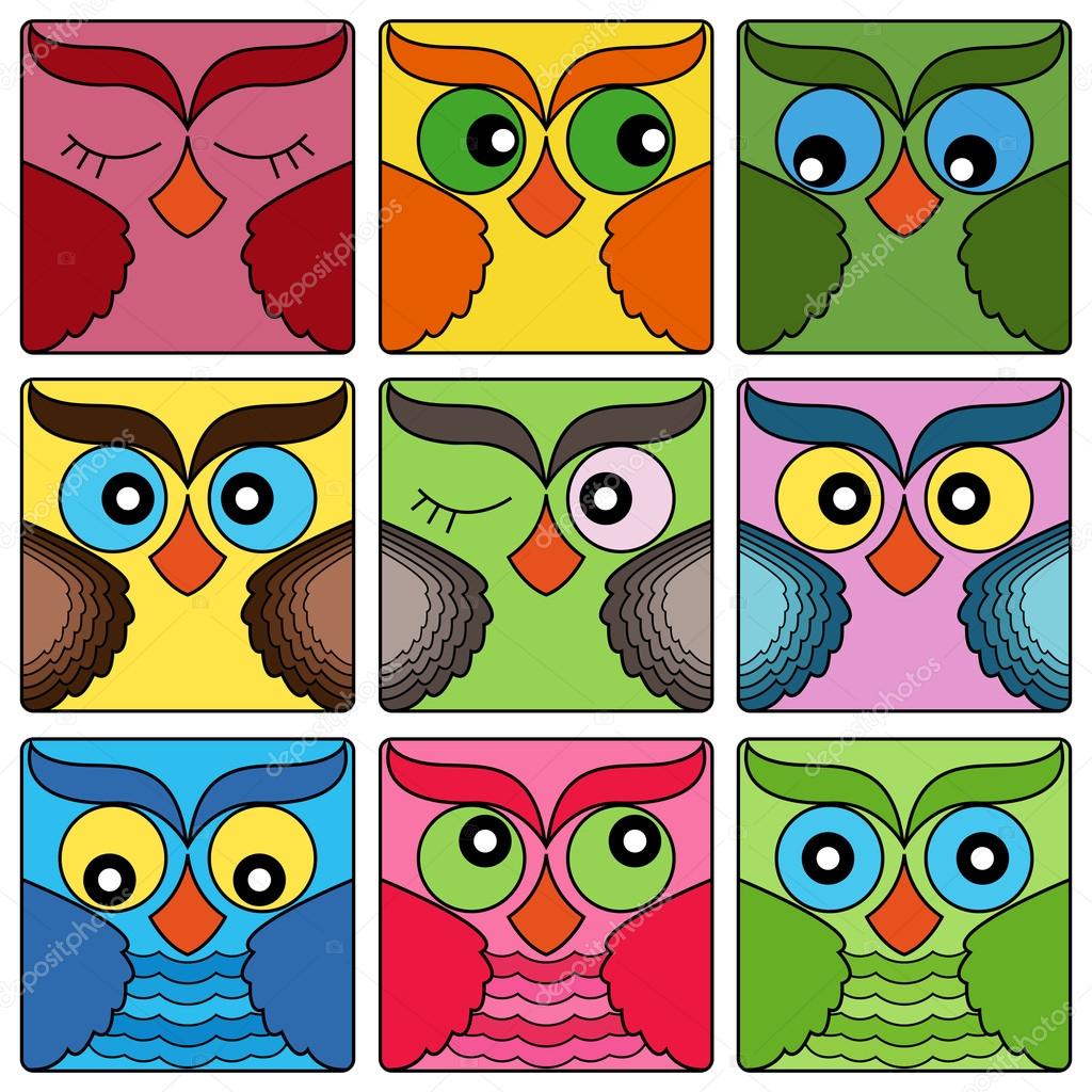 Nine cute owl faces in square shapes