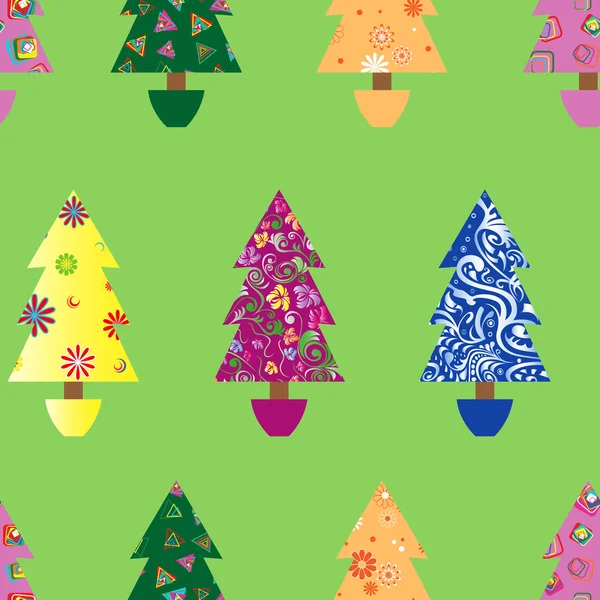 Christmas tree seamless pattern over green — Stock Vector