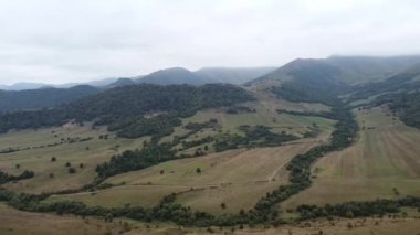 Uçsuz bucaksız orman parkının insansız hava görüntüsü, Yeşil Sonbahar Ağaçları, dağ sırası ile çevrili.