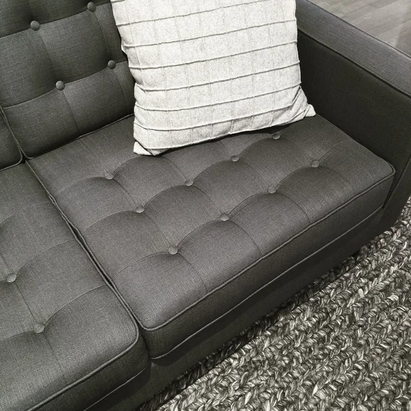 Sofá, alfombra y cojín en tonos grises — Foto de Stock