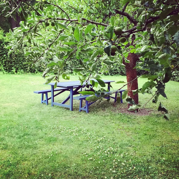 Träbord i grön sommarträdgård — Stockfoto