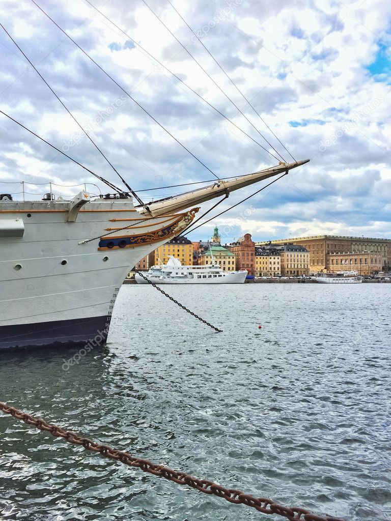 White ship and view over historic Gamla Stan in Stockholm