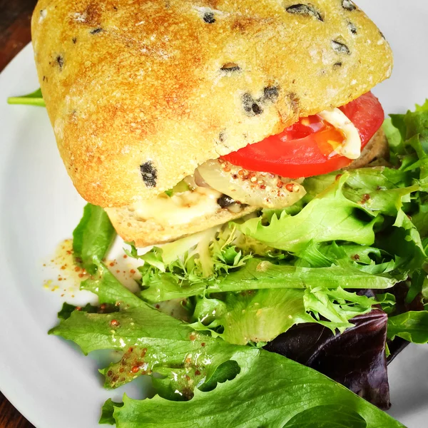 Hambúrguer com pão ciabatta e salada — Fotografia de Stock