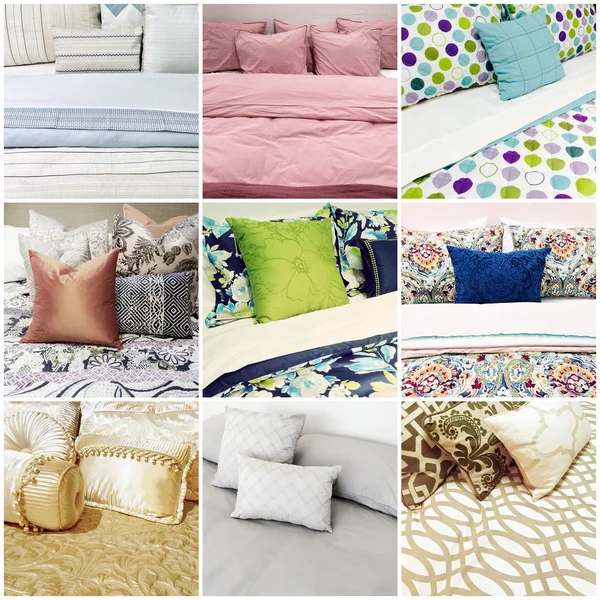 Sängar med olika stilar av sängkläder — Stockfoto
