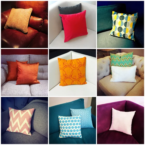 Kolorowe poduszki, kolaż wnętrz — Zdjęcie stockowe