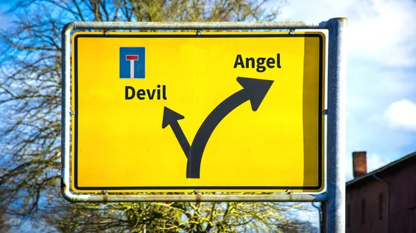 Οδός Πινακίδα Κατεύθυνση Προς Τον Άγγελο Εναντίον Του Διαβόλου — Φωτογραφία Αρχείου
