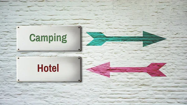 Gata Underteckna Riktningen Väg Till Camping Kontra Hotell — Stockfoto