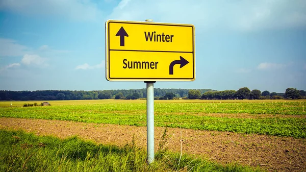 Straat Teken Richting Weg Naar Winter Zomer — Stockfoto