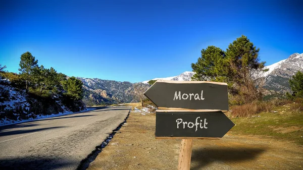 Street Sign Direzione Verso Morale Contro Profitto — Foto Stock