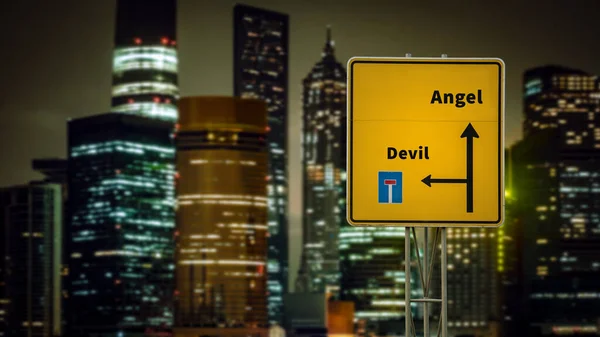 Οδός Πινακίδα Κατεύθυνση Προς Τον Άγγελο Εναντίον Του Διαβόλου — Φωτογραφία Αρχείου