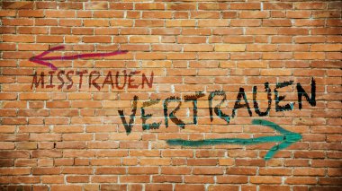 Almanca 'nın iki farklı yönünü gösteren işaret direği olan bir resim. Bir yön güveni gösterir, diğeri güvensizliği..