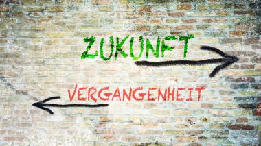 Almanca 'nın iki farklı yönünü gösteren işaret direği olan bir resim. Bir yön geleceği gösterir, diğeri de geçmişi..