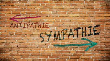 Almanca 'nın iki farklı yönünü gösteren işaret direği olan bir resim. Bir yön sempatiyi, diğer yön ise antipatiyi gösteriyor..