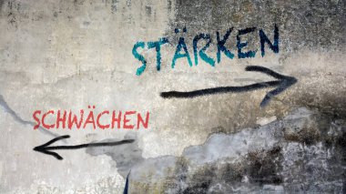 Almanca 'nın iki farklı yönünü gösteren işaret direği olan bir resim. Bir yön güçlü yönleri gösterir, diğeri zayıf yönleri..