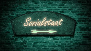 Refah devletinin yönünü gösteren Almanca işaretli bir resim..