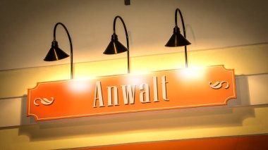 Görüntü işaret levhası ve Almanca bir avukatı işaret ediyor..