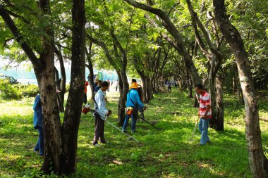 Mahasarakham, Tayland - 19 Eylül: Öğretmen ve öğrencilerin birlikte parkta Eylül'temizlemek için 19,2014 Mahasarakham, Tayland