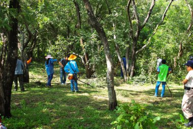 Mahasarakham, Tayland - 19 Eylül: Öğretmen ve öğrencilerin birlikte parkta Eylül'temizlemek için 19,2014 Mahasarakham, Tayland