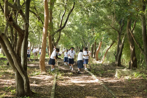 MAHASARAKHAM,THAILAND - SEPTEMBER 19 : Teachers and students together to clean the park on September 19,2014 in Mahasarakham,Thailand — Stock Photo, Image