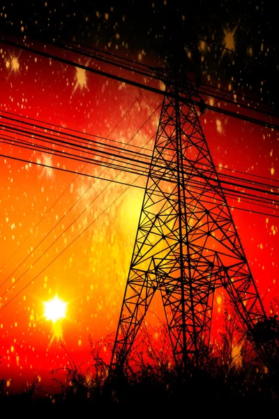 High voltage power pole middle of a cornfield with orange sky and galaxy — Stock Photo, Image