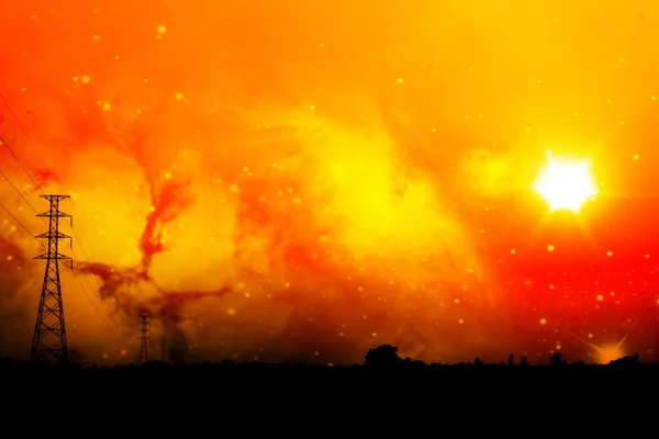 Potencia de alto voltaje en medio de un campo de maíz con cielo naranja y galaxia — Foto de Stock