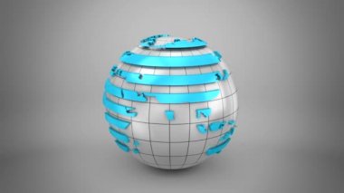 Dünya Haritası Küre 'ye Dönüyor. Gri arkaplan, 3 içinde 1, döngü (151-450 kare), alfa matte, 3d görüntüleme, 4k çözünürlük