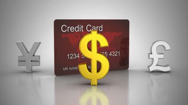 Moedas mundiais girar em torno de cartão de crédito — Vídeo de Stock