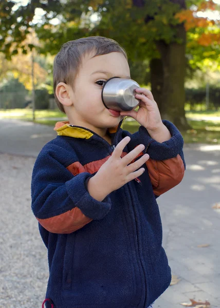 Niño bebiendo té en el parque —  Fotos de Stock